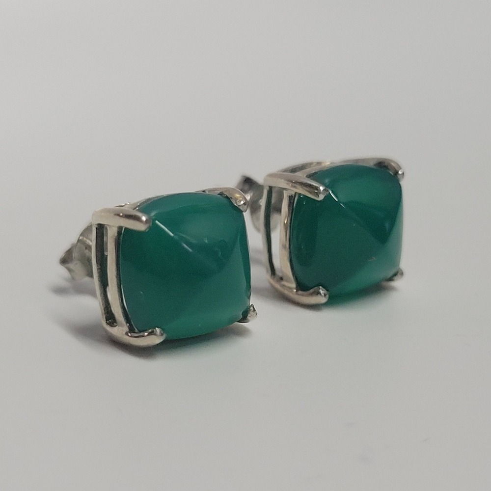 D'joy 925 Sterling Silver Green Onyx Sugarloaf Square Cabochon Stud Earrings